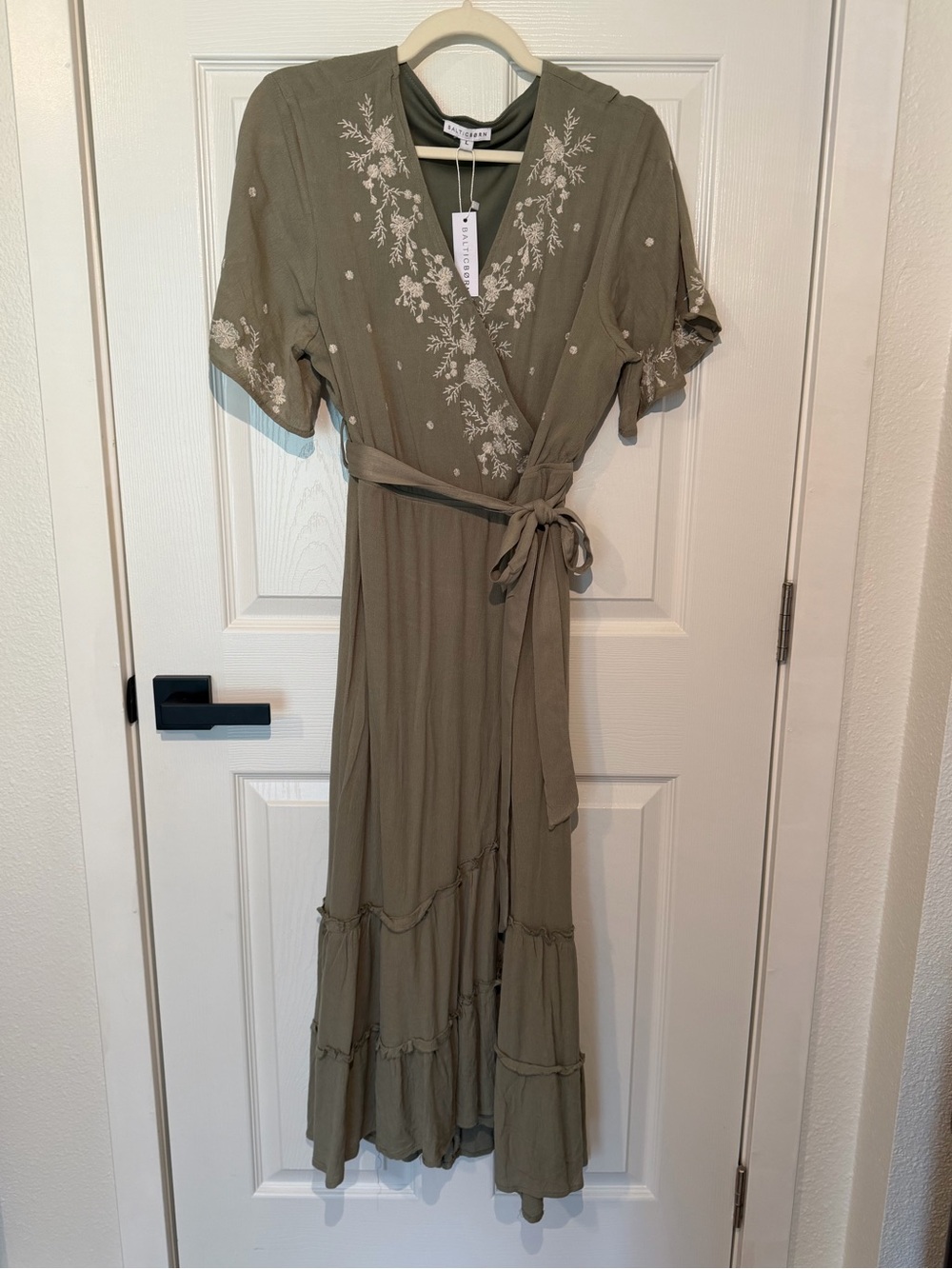 Baltic Born Olive Green Embroidered Wrap Maxi Dress